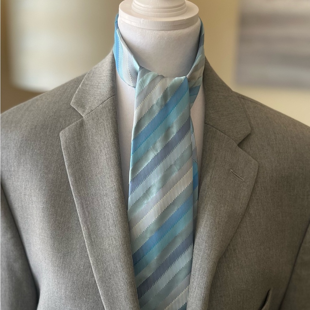 BCBG Striped All Silk Neck Tie - Aqua and Gray